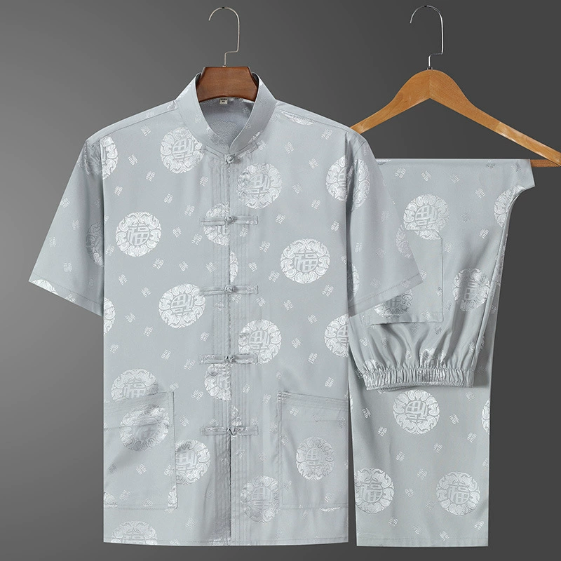 Summer silk set for elderly, for middle age, Chinese style, with short sleeve