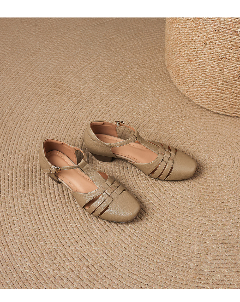Sandal nữ da cừu dệt bao đầu mũi vuông gót dày 3.5cm quai ngang kiểu La Mã — màu trắng ngà chi tiết 15