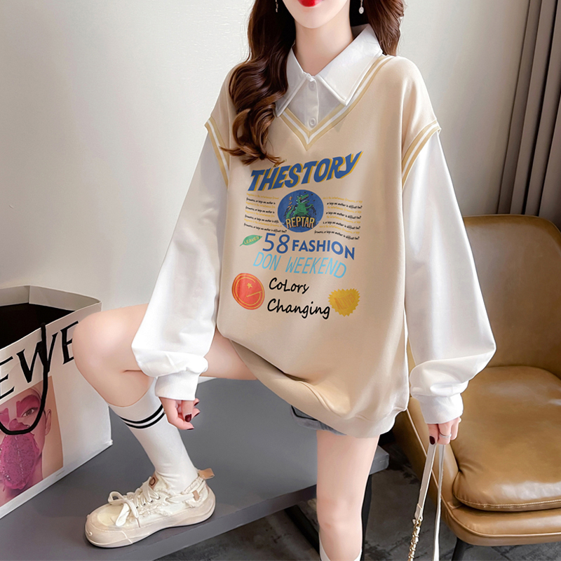 長袖Tシャツ 女の子用 2025年春夏新作 中学生・高校生 カレッジ風 フェイクツーピース 薄手ポロスウェットシャツ|undefined