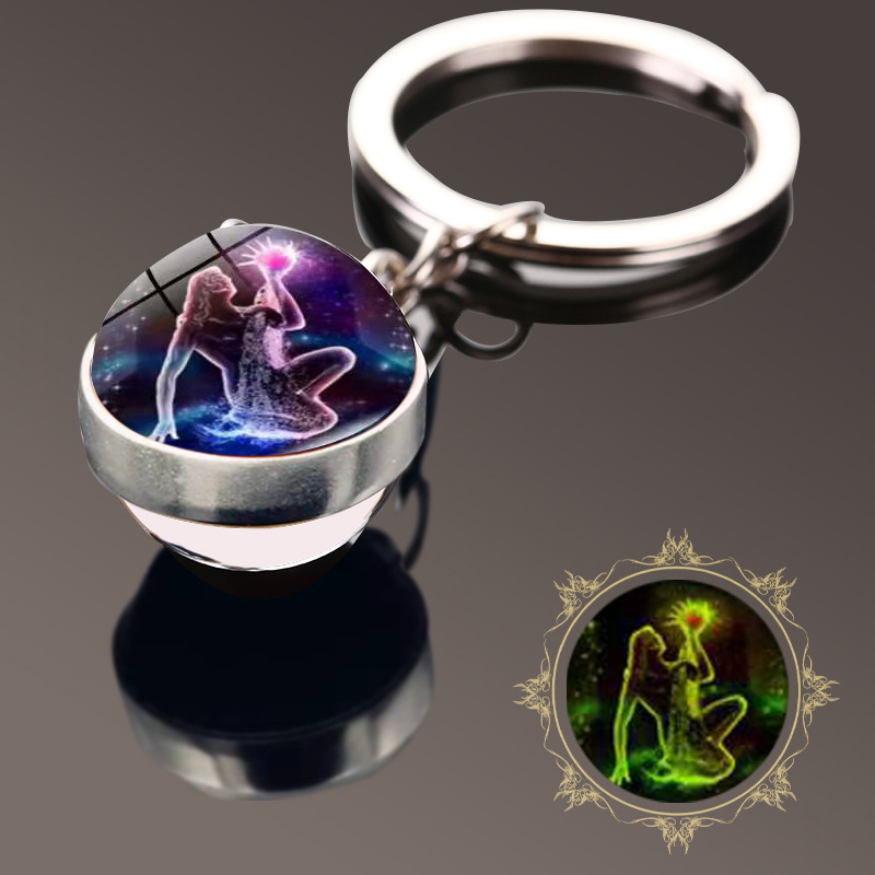 Amazon nuevo luminoso doce constelación tiempo gema de doble cara bola de cristal llavero colgante pequeño regalo