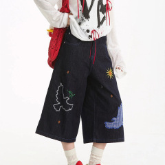 絶妙で楽しい刺繍入りジーンズ女性の夏の新しいアメリカンレトロストリートストレートスリムカジュアルクロップドパンツ