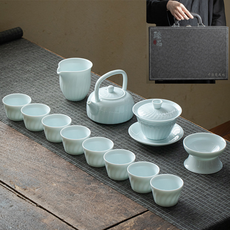 ギフト工夫茶器セット卸売り家庭用ロゴ蓋碗提梁壺開業徳化陶磁器茶器セット|undefined