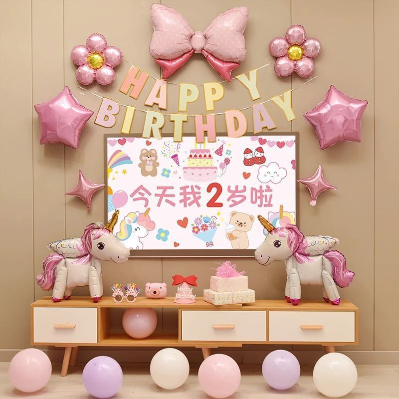 独角兽女孩生日装饰场景布置电视投屏儿童周岁卡通背景墙宝宝套餐|undefined