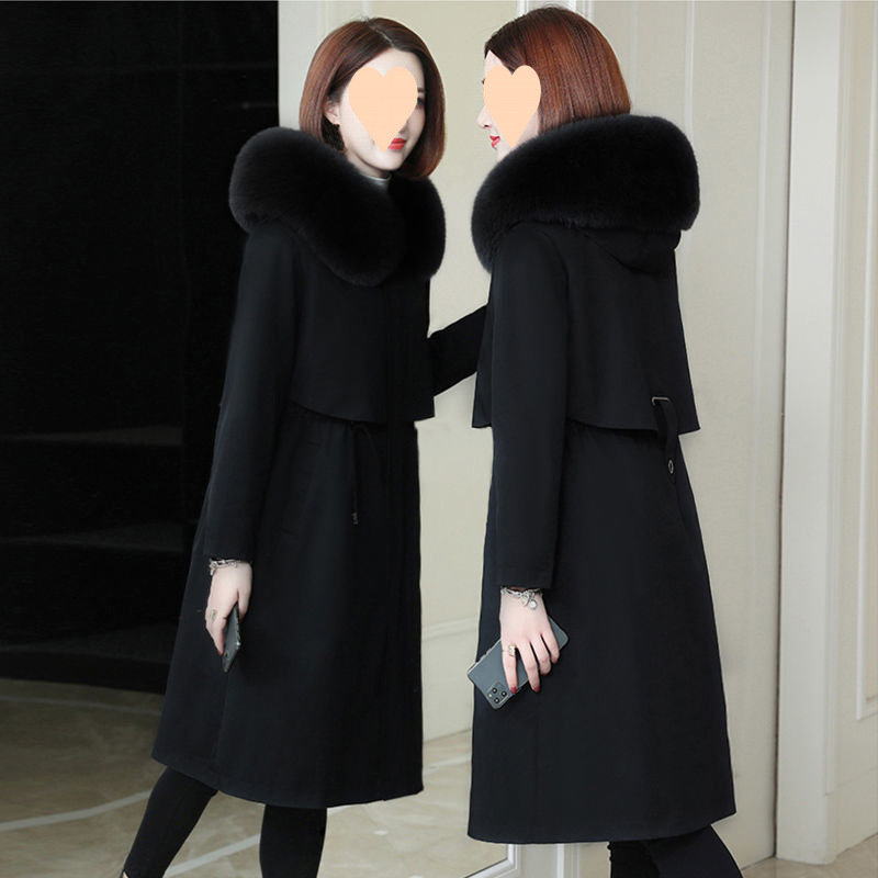 Real-life women's winter leather jacket removable rabbit hair inner liner new thickened off-season leather long