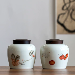 柿子陶瓷茶叶罐黑檀木盖密封罐通用茶叶包装绿茶红茶单存茶罐空罐