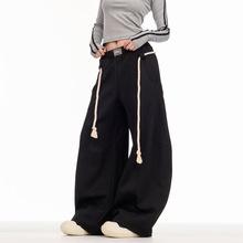 秋美式复古运动裤女灰色阔腿弯刀裤宽松休闲卫裤直筒拖地裤