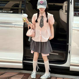 女童套装夏季2026新款女孩短袖衬衫百褶裙子两件套JK学院风中大童