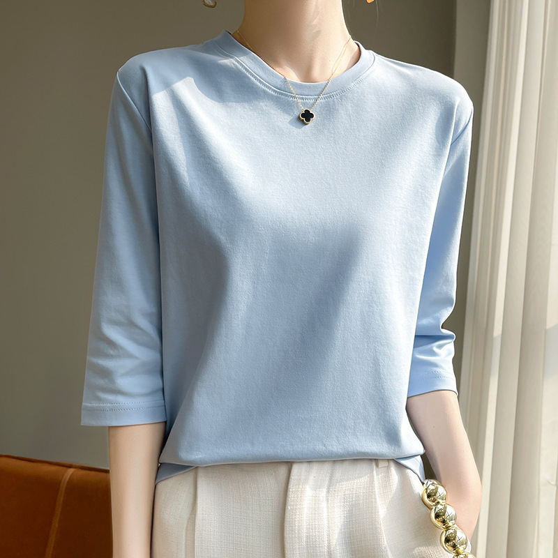 Round neck mercerized cotton 3/4 sleeve t-shirt for women 2024 spring and summer new elegant all-match cotton thread bottoming shirt half sleeve for women
