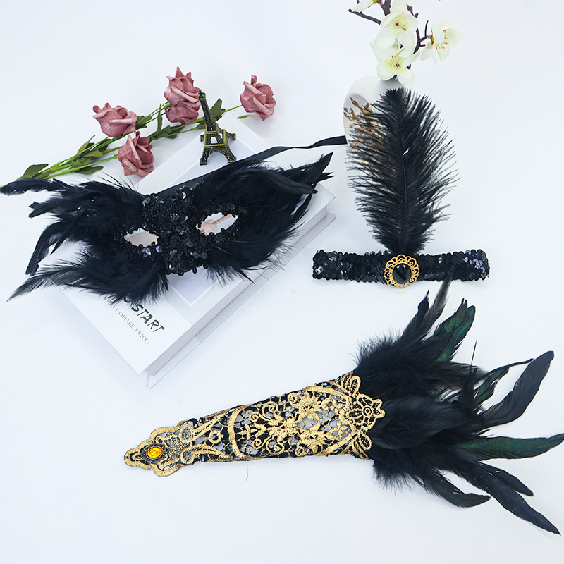 Máscara de plumas estilo gótico para fiesta, encaje calado, protector de brazo, diadema elástica con lentejuelas, estilo oscuro TK