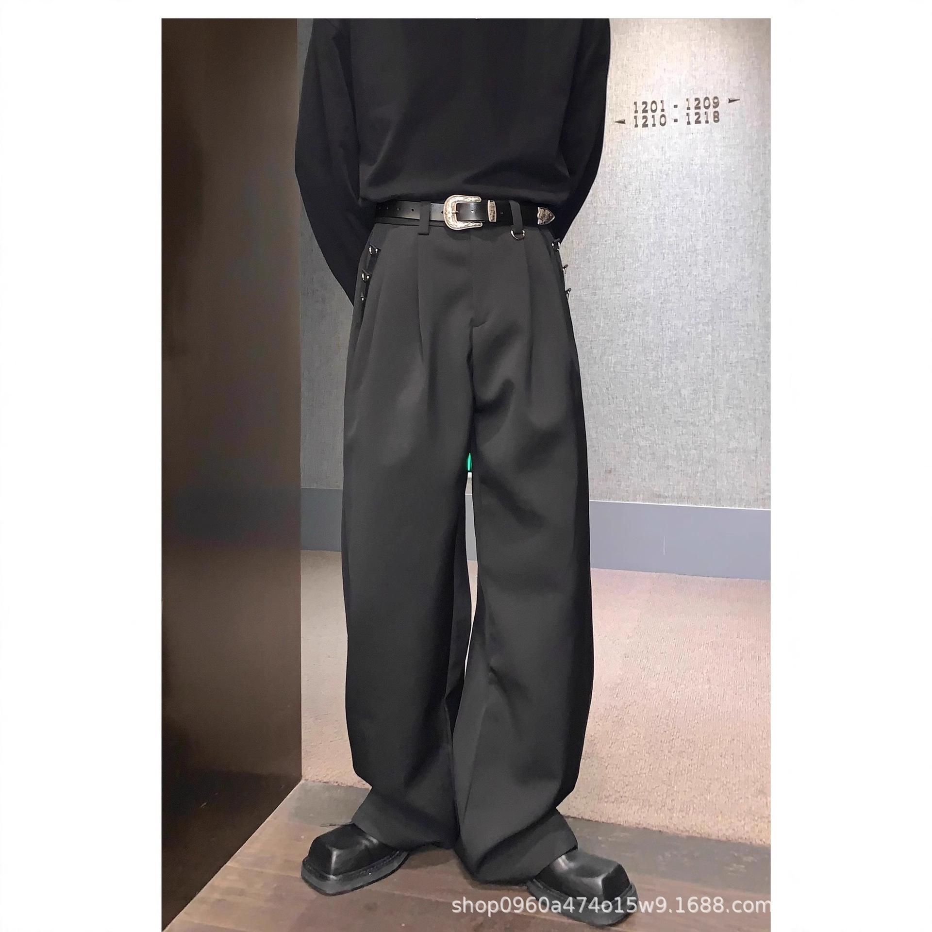 Plus-Size Ice Silk Pure Black Metal Design Straight-Leg Suit Pants for Men, Loose Trendy Wide-Leg Floor-Length Casual Pants