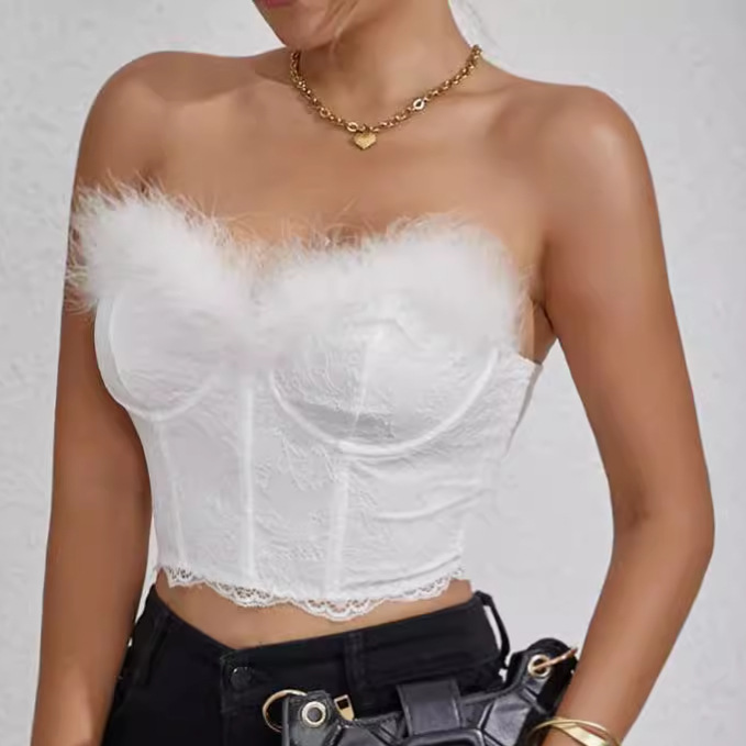 Verano INS Amazon Hot Girl Style Pluma Color sólido Anillo de acero Hueso de pescado con cordón umbilical y espalda abierta Techo de tubo delgado de todo fósforo W041