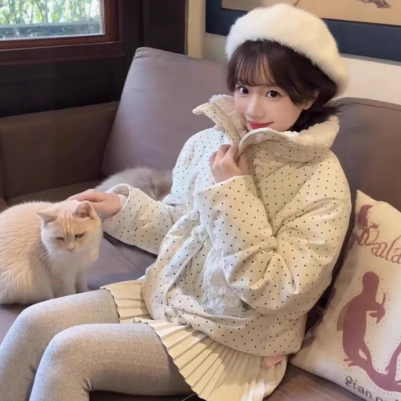 韩系甜美风波点毛领羽绒棉服外套女秋冬季宽松加厚保暖短款面包服|undefined