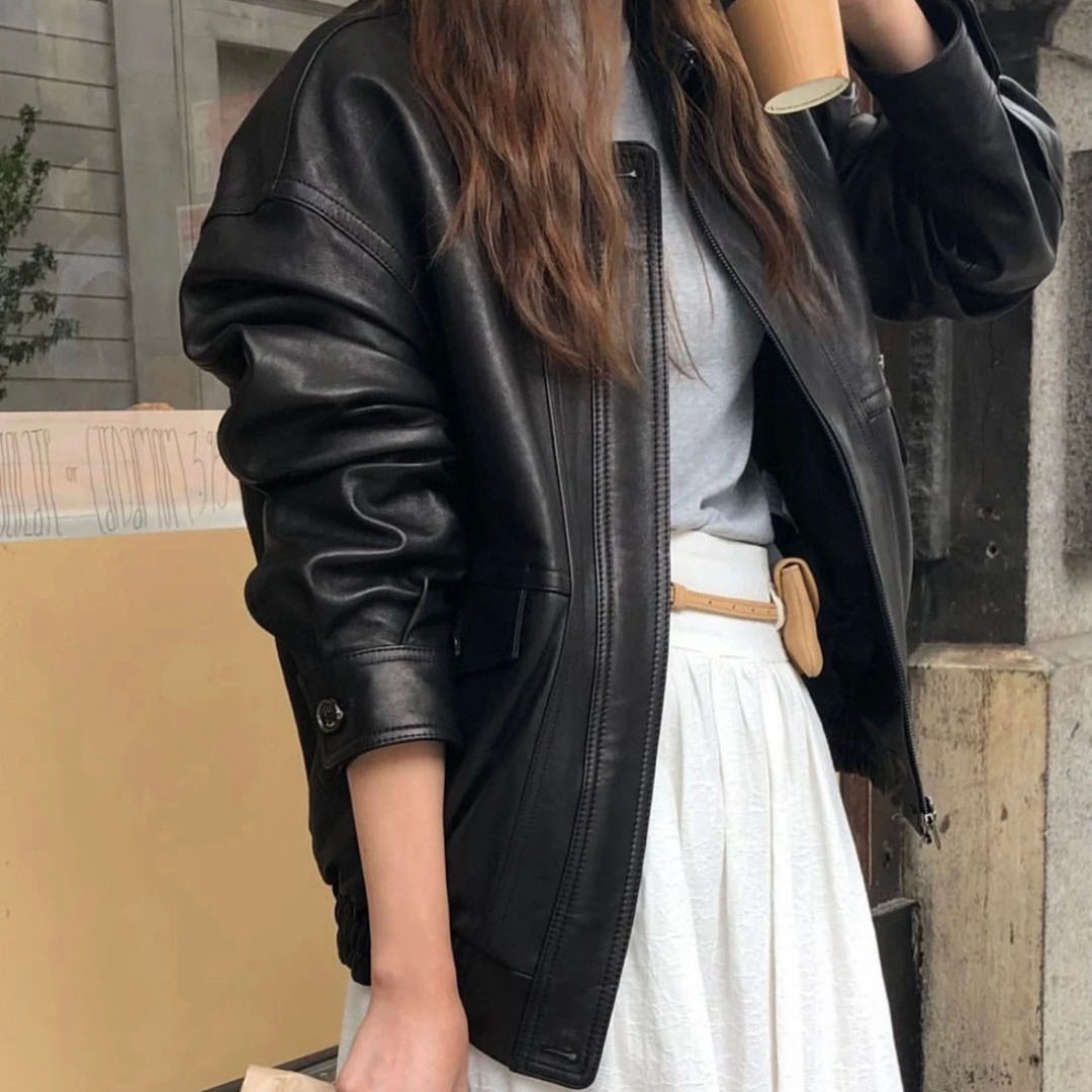 现货2025秋季新款韩版over t*ke美拉德风麂皮外套/翻领皮衣外套女