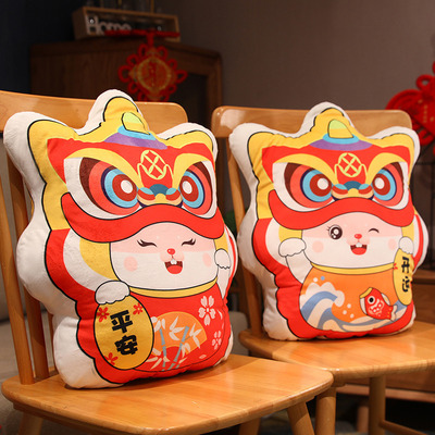 兔年吉祥物中国风醒狮抱枕毛绒玩具国潮风布娃娃时来运转沙发靠垫|ms