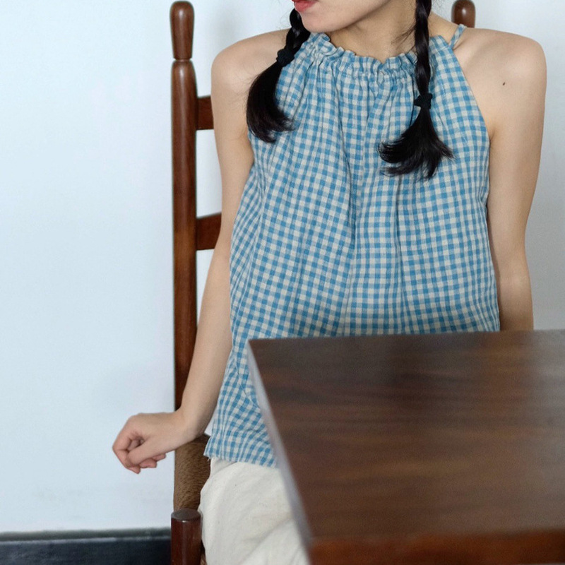 Peacock Sand Wash Linen Check Drawstring Sleeveless Vest Top Shirt