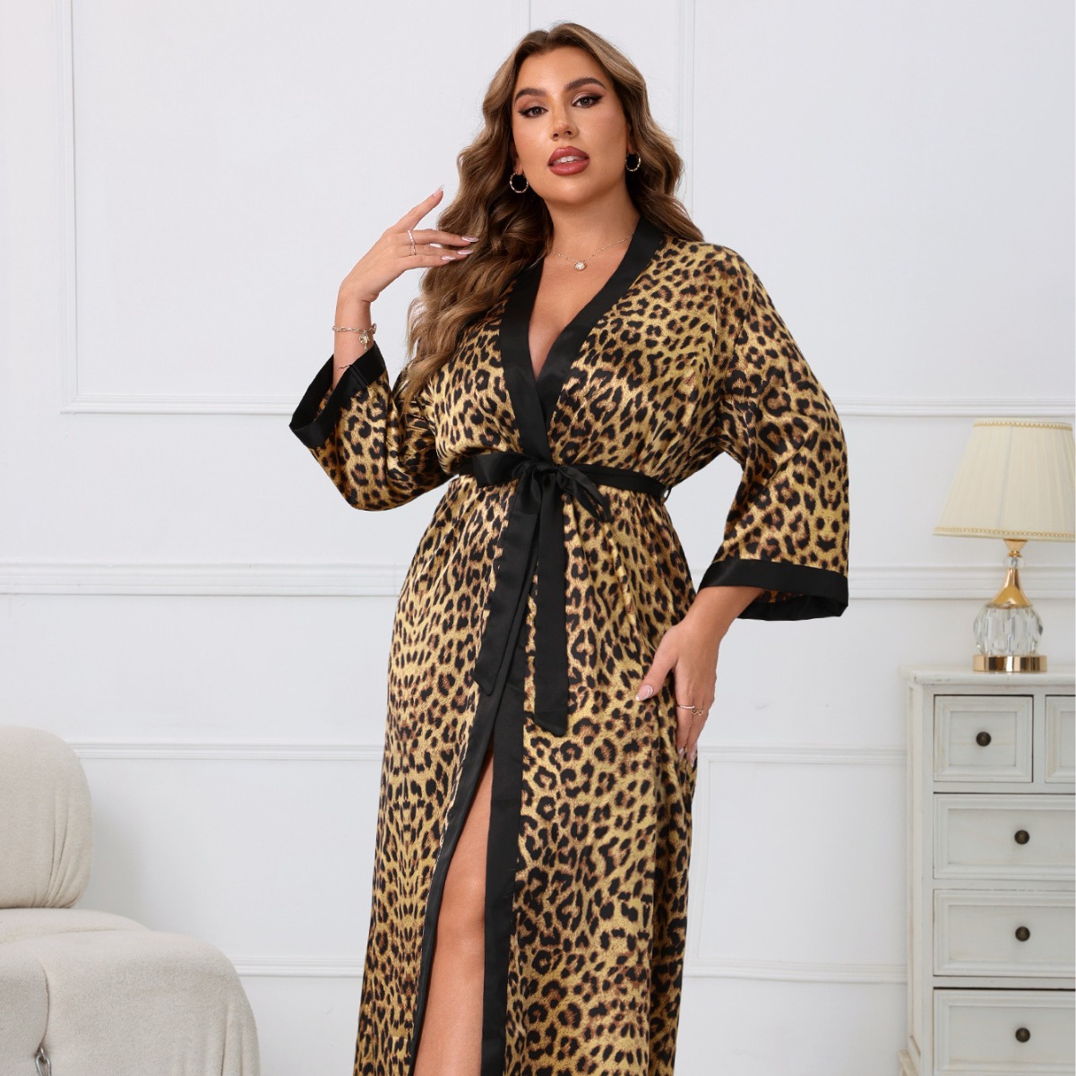 GraceChic Cross-Border Plus Size Women's Brown Leopard Print Satin Nightgown Casual Comfortable Long Sleeve Loose Fit Suitable For_voghion.com