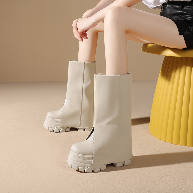 Boot nữ cổ cao ôm bắp chân đế dày gót 12 cm phong cách Anh quốc — Đen nhung