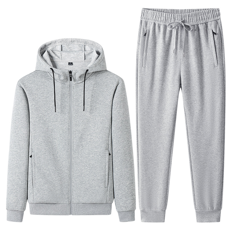 Traje deportivo de algodón transfronterizo para hombres primavera y otoño running cardigan con capuz, chaqueta, pantalones rectos, tamaño grande de dos piezas