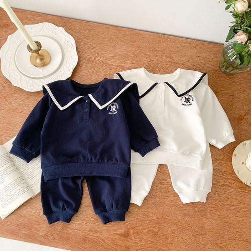 Korean children's clothing 23 autumn baby embroidered navy collar casual sweatshirt suit for boys and girls sports two-piece set