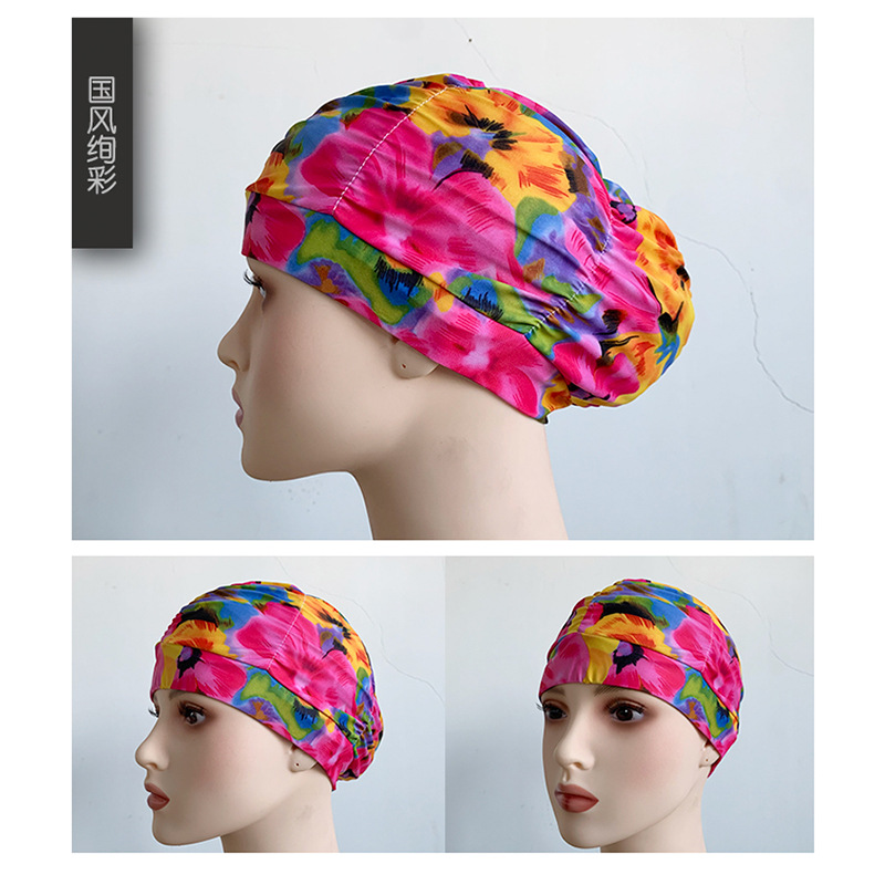 Fábrica al por mayor plisado paño gorro de natación extra grande circunferencia de la cabeza no apretado Pelo Largo oído protección natación caliente primavera unisex gorro de natación