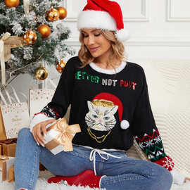 亚马逊跨境女装可爱小猫刺绣圣诞节黑色毛衣欧美新款套头短款毛衣