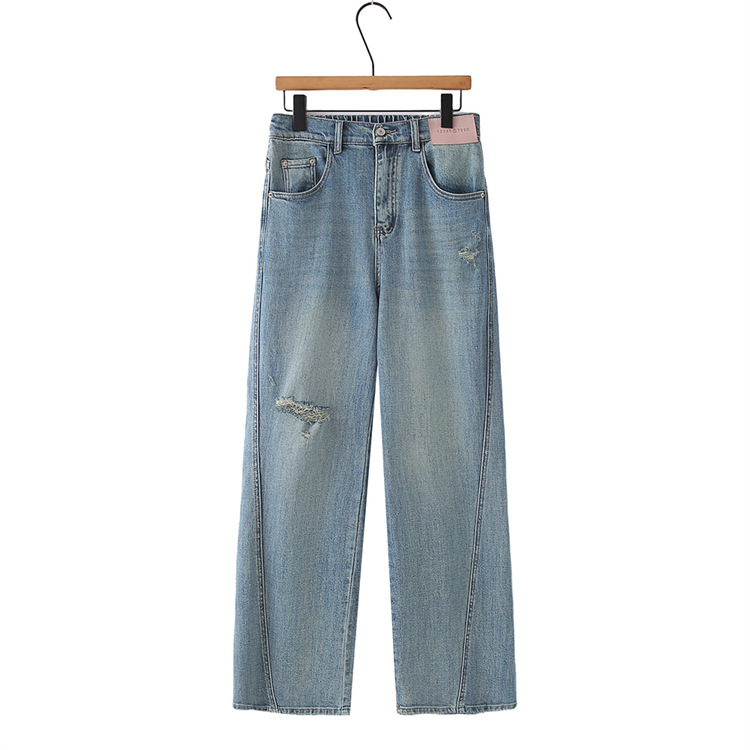 Niu Daxia 2024 new large-size jeans fat MM spring fashionable versatile ripped slim wide-leg trousers 8091