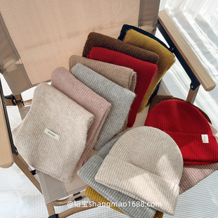 ~ Korean Kidsren's Pure Color Small Label Hat Scarf 2-Piece Set Autumn and Winter New Style Boys and Girls Containing Wool Versatile Suit Trendy
