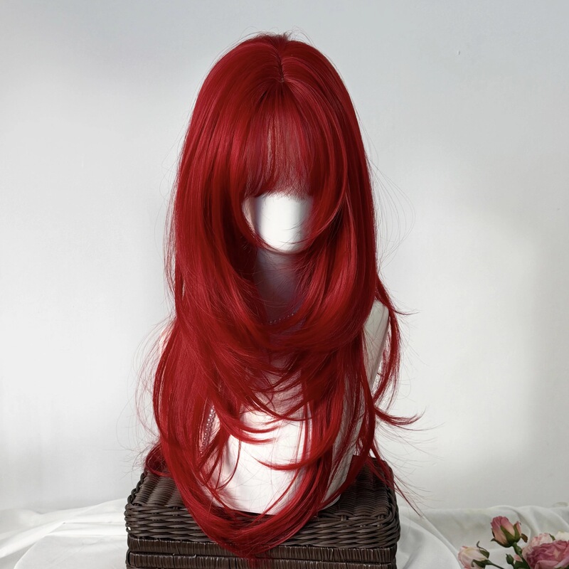 Fashionable Women's Wig Trendy Sea King Red Color with Bangs, Long Straight Hair with Layered Texture, Enhances Complexion, Realistic Scalp Full Wig