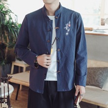 中国风刺绣长袖盘扣衬衫 男士立领亚麻衬衫时尚新款潮流男装外套