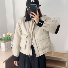 复古时尚拼接棉服女2025秋冬新款小个子宽松显瘦轻薄短款外套棉衣