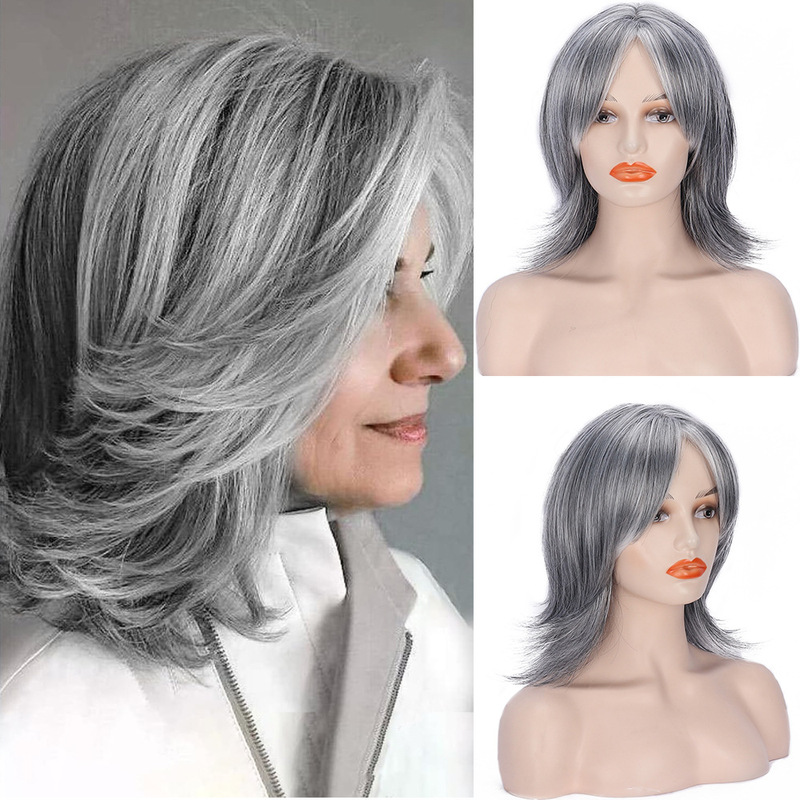 Cross-border new fashion white wig women's gray-white outer warped bangs chemical fiber headgear short wigs
