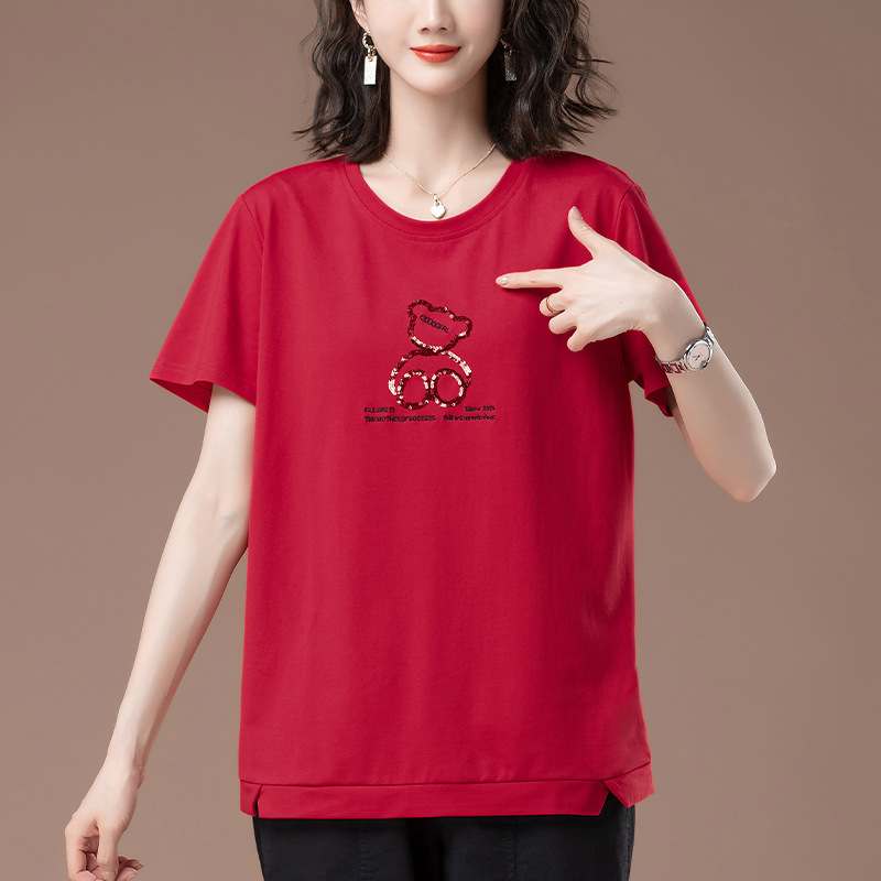Mom's short-sleeved T-shirt summer New plus size women's loose sequined embroidered belly covering cotton T-shirt 6075
