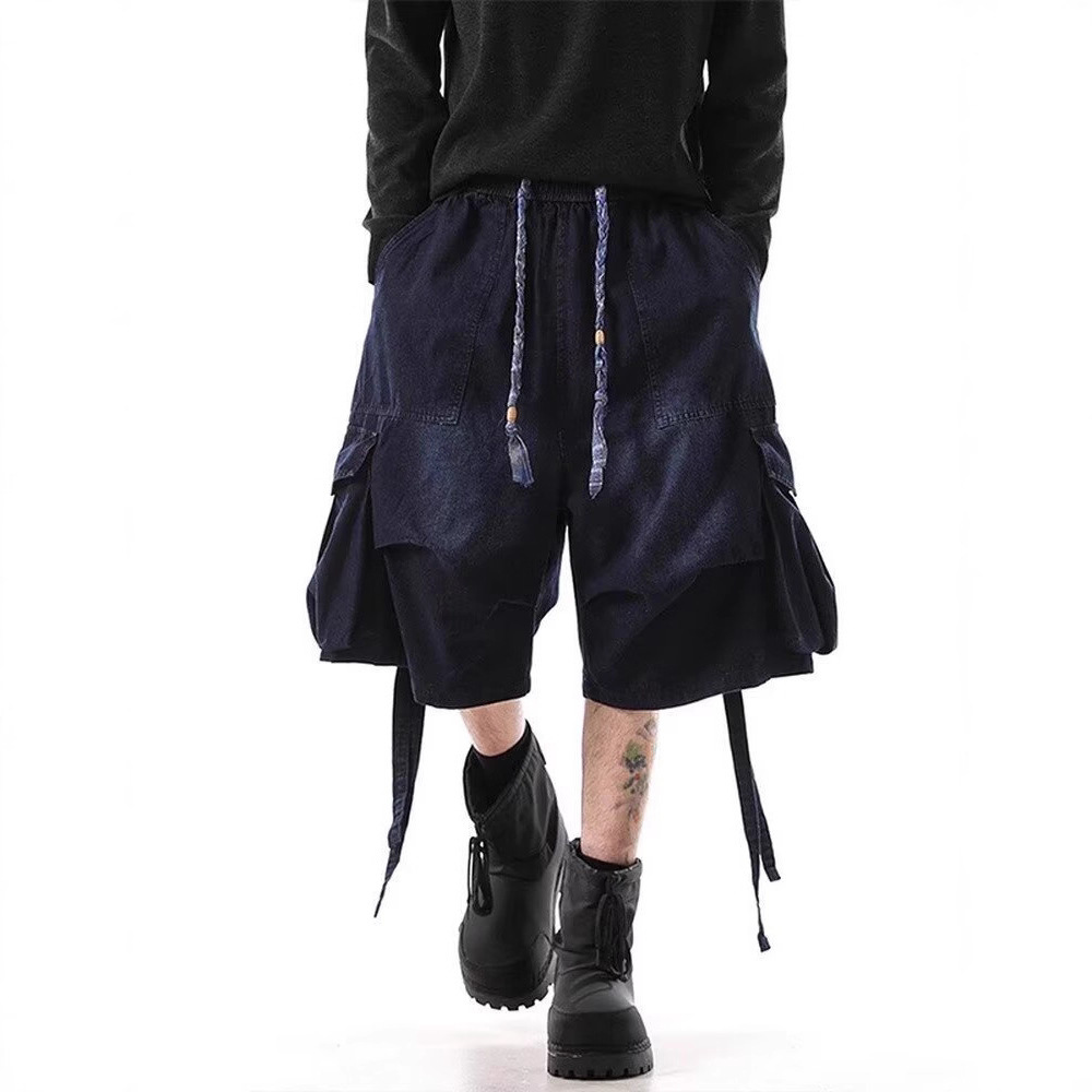 Navy Blue Retro Washed Cargo Shorts Men's Summer Ribbon Design Denim Cropped Pants American High Street Handsome Pants