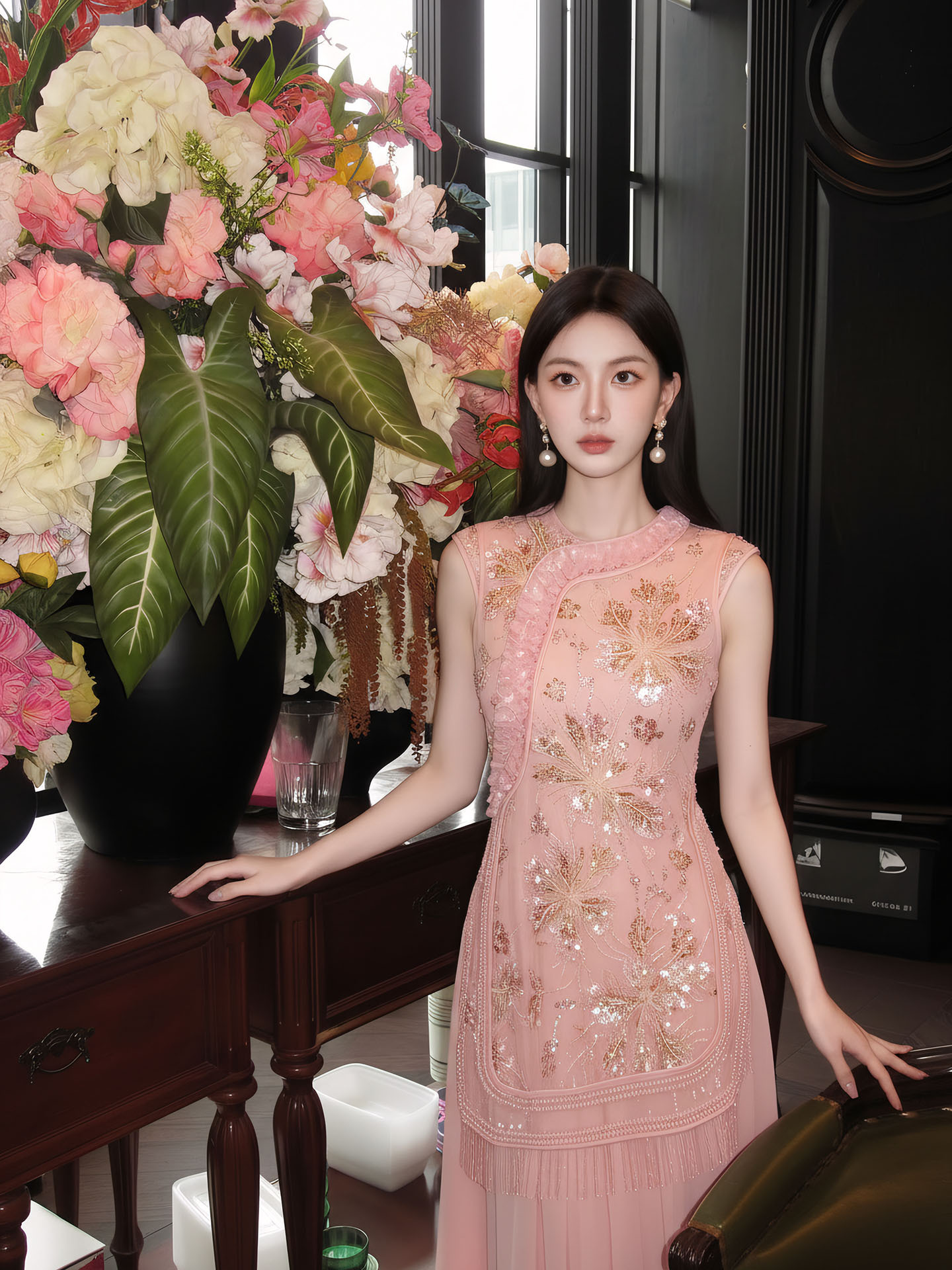 Đầm maxi nữ thắt eo thiết kế hoa nổi thêu ren cao cấp — màu hồng