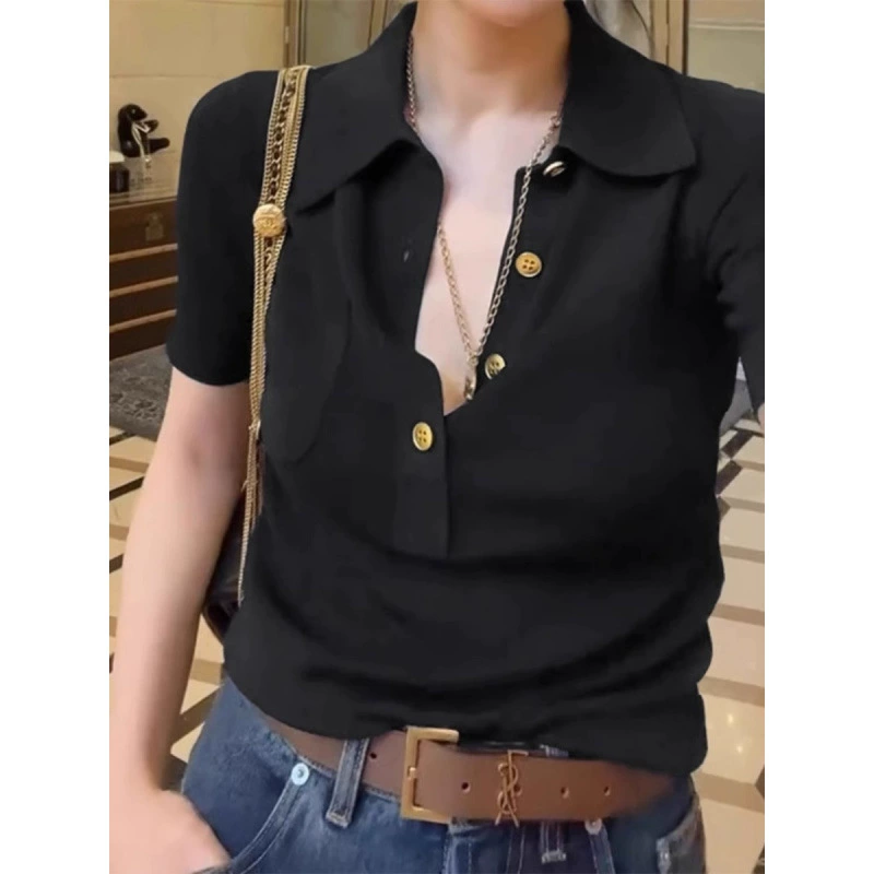 Женская футболка из ледяного шелка с короткими рукавами, новинка 2025 года, популярная летняя одежда, элитный элегантный вязаный топ с воротником-поло на правое плечо