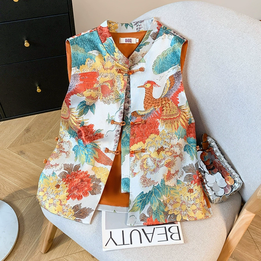 Новый жаккардовый атласный женский элегантный жилет ручной работы в китайском стиле с маленьким воротником-стойкой и узором пионов