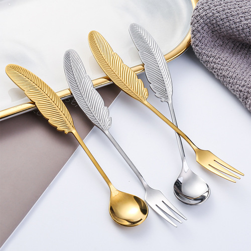 Q Feather Spoon, Gold 304 Stainless Steel Fruit Fork, Artistic Small Spoon Serving Spatula Creative Tableware Colorful Down Spoon