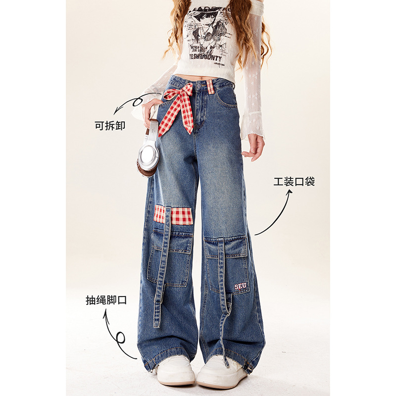 (2개) 자연적인 수렴성 활 끈 체크 바느질 청바지 여성의 2024 새로운 가을과 겨울 뜨거운 소녀 스트레이트 작업 바지