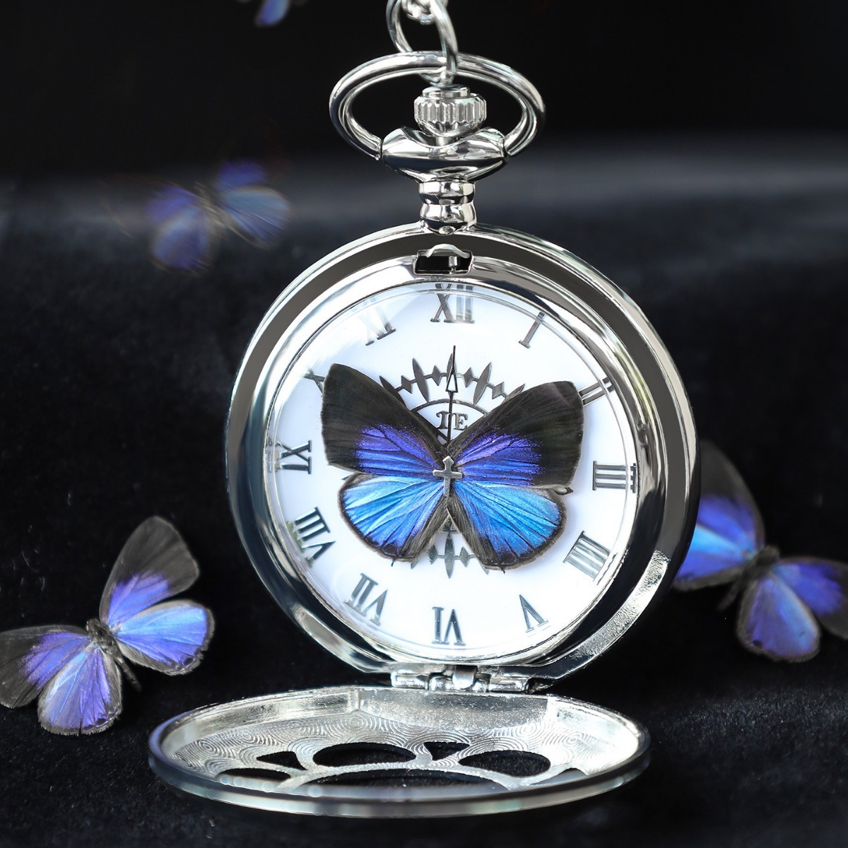 Elegant Gray Butterfly Creative Pocket Watch Chain Watch Vintage Flip Cover Real Mechanical Pocket Watch Student Exam Decoration