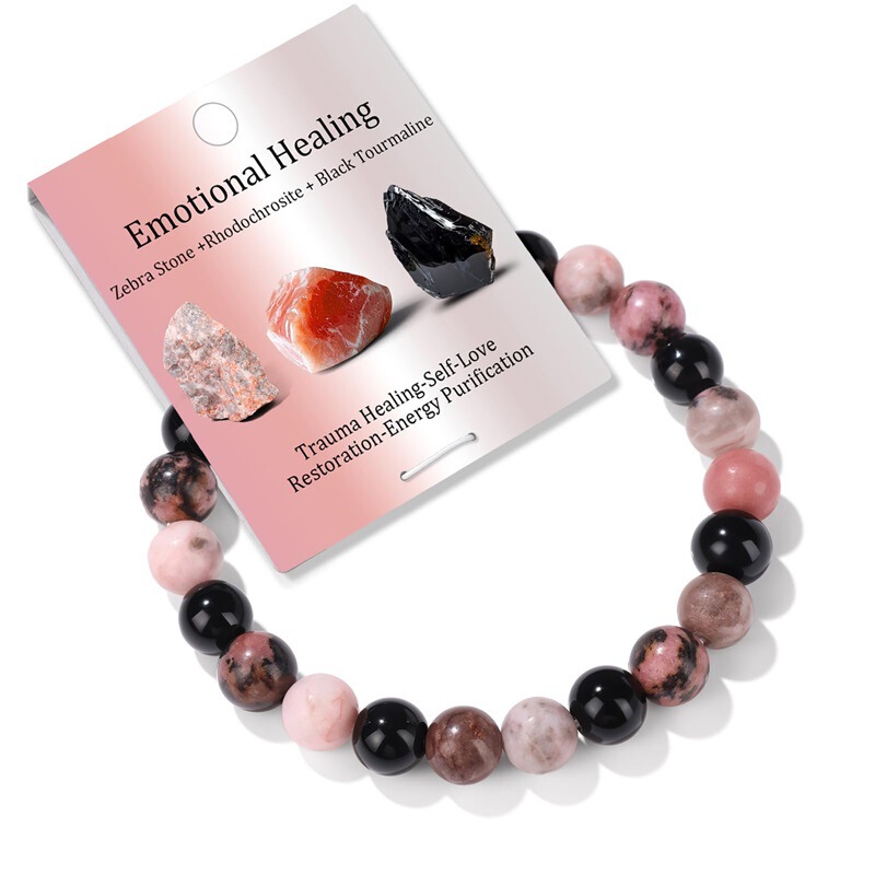 European and American 8mm pink zebra stone and red jasper beaded bracelet, natural stone crystal healing bracelet, Emotional