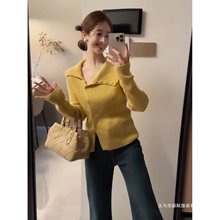 翻领开衫露肩毛衣外套秋冬新款不规则打底韩系针织修身早秋上衣