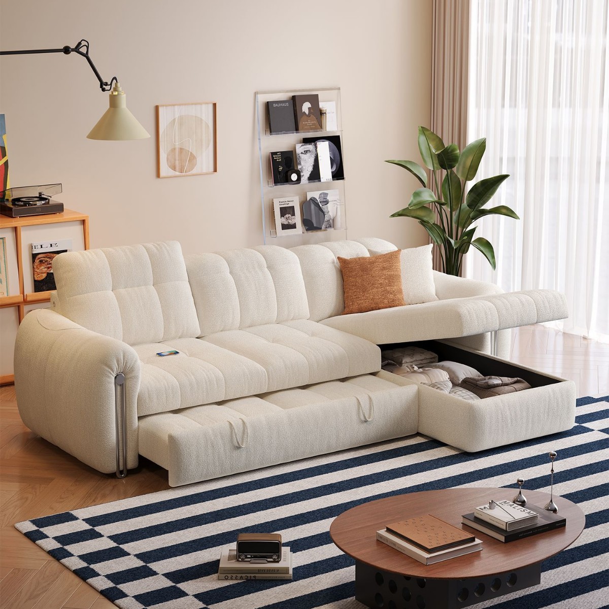 New Cream Chenille Velvet Sofa Bed Small Living Room Retractable All-In-One Multi-Functional Storage Sofa