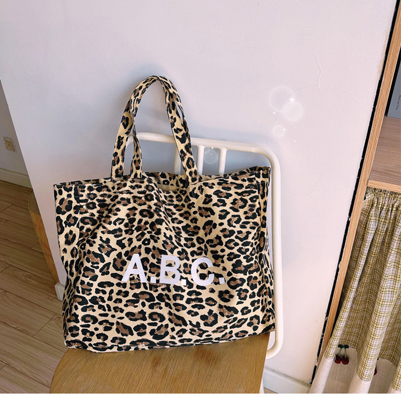Commuter All-match Letters Leopard Print Canvas Shoulder Bag Women's Spring Elegant Japanese Style Handbag Instagram Style Shopping Bag