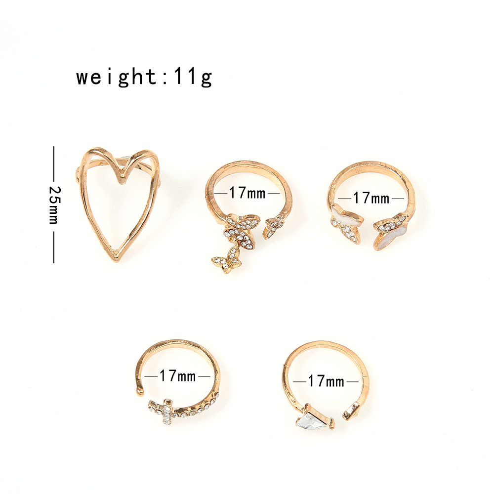 Simple Cross Heart Hollow Diamond Butterfly 5-piece Ring Set display picture 1