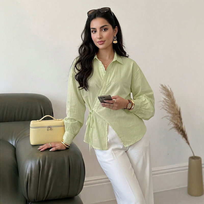 European and American cross-border gentle style shirt with diagonal placket and tie, lace splicing, irregular hem, slimming and elegant, cotton feel European and American cross-border gentle style shirt with diagonal placket and tie, lace splicing, irregular hem, slimming and elegant, cotton feel