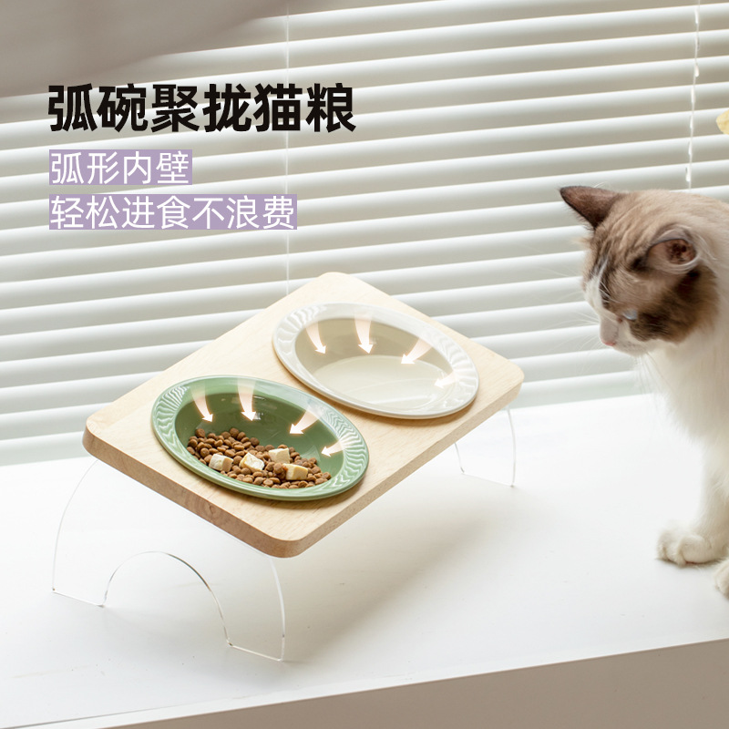Tazón de cerámica para gatos Corea del Sur Tazón para mascotas antidetonantes gato perro tazón de comida soporte cervical tazón de agua doble tazón boca oblicua estante de madera maciza