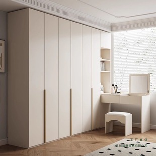 Solid Wood Wardrobe, Cream Style, Simple and Modern European Pine Board, Skin-Feel Desk, Integrated Corner Cabinet, Particle Board, Large Wardrobe