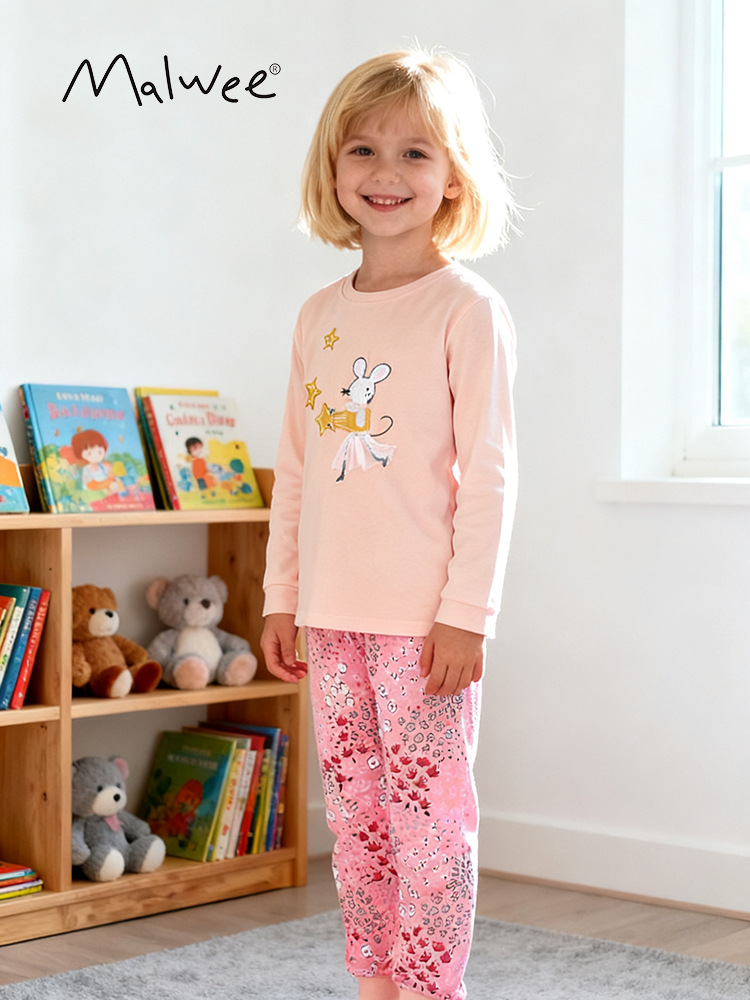 Malwee transfronterizo ropa doméstica de niñas primavera y otoño nuevo estilo europeo y americano para niños de media edad cuello redondo manga larga adorable conjunto de niñas