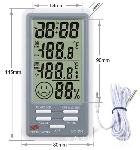 DC803大屏显示室内外温i湿度计 高低温度报警功能 温度表带闹钟