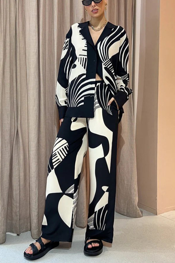 Loose Version Geometric Pattern Daily Street Women's Casual Geometric Polyester Printing Pocket Pant Co-ord Set Pants Sets